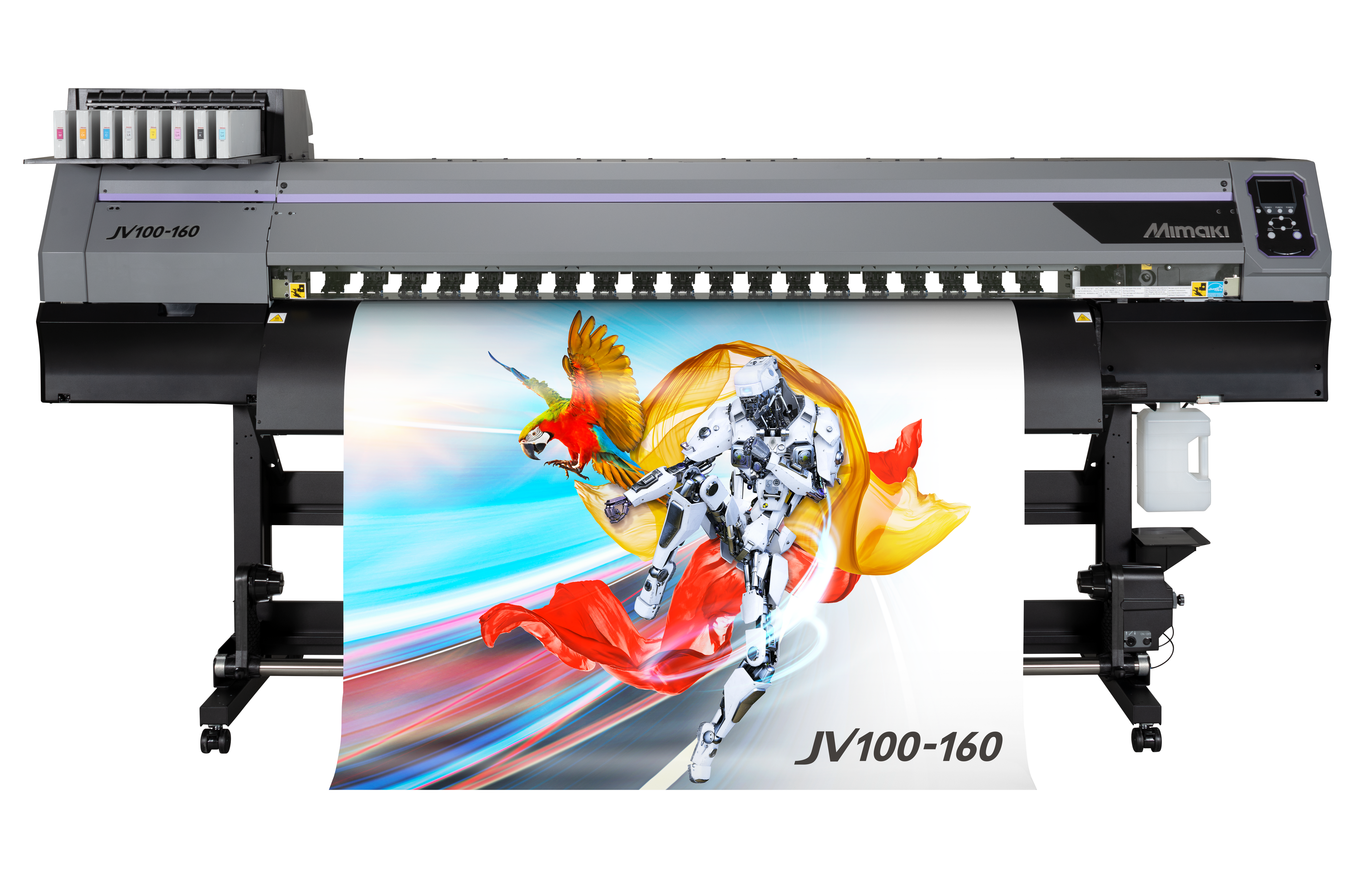 mimaki jv100-160 front view of application printing. Parrot and robot print colorful print