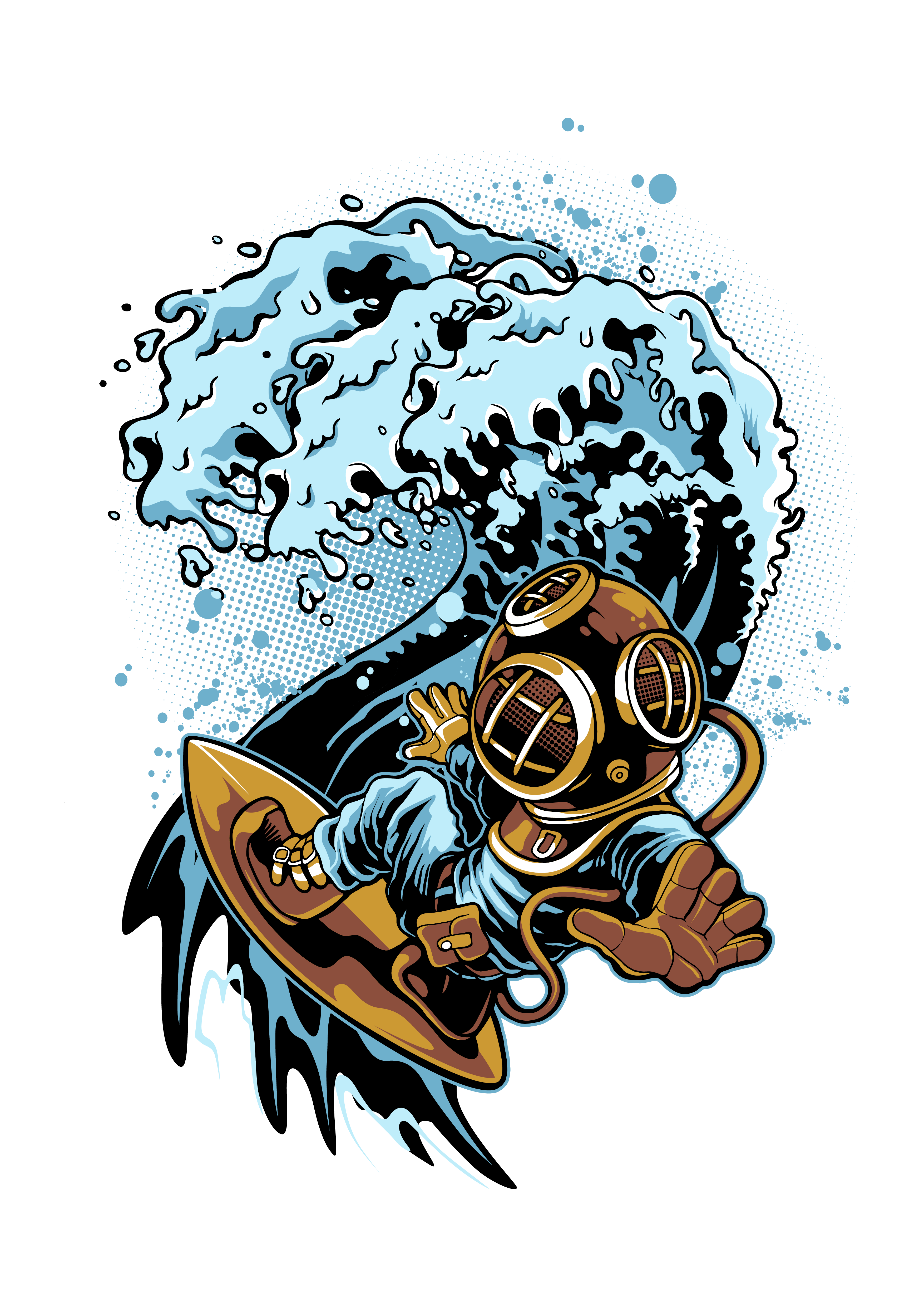 NAUTICAL DEEP SEA DIVER SURFING A WAVE PNG GRAPHIC DESIGN