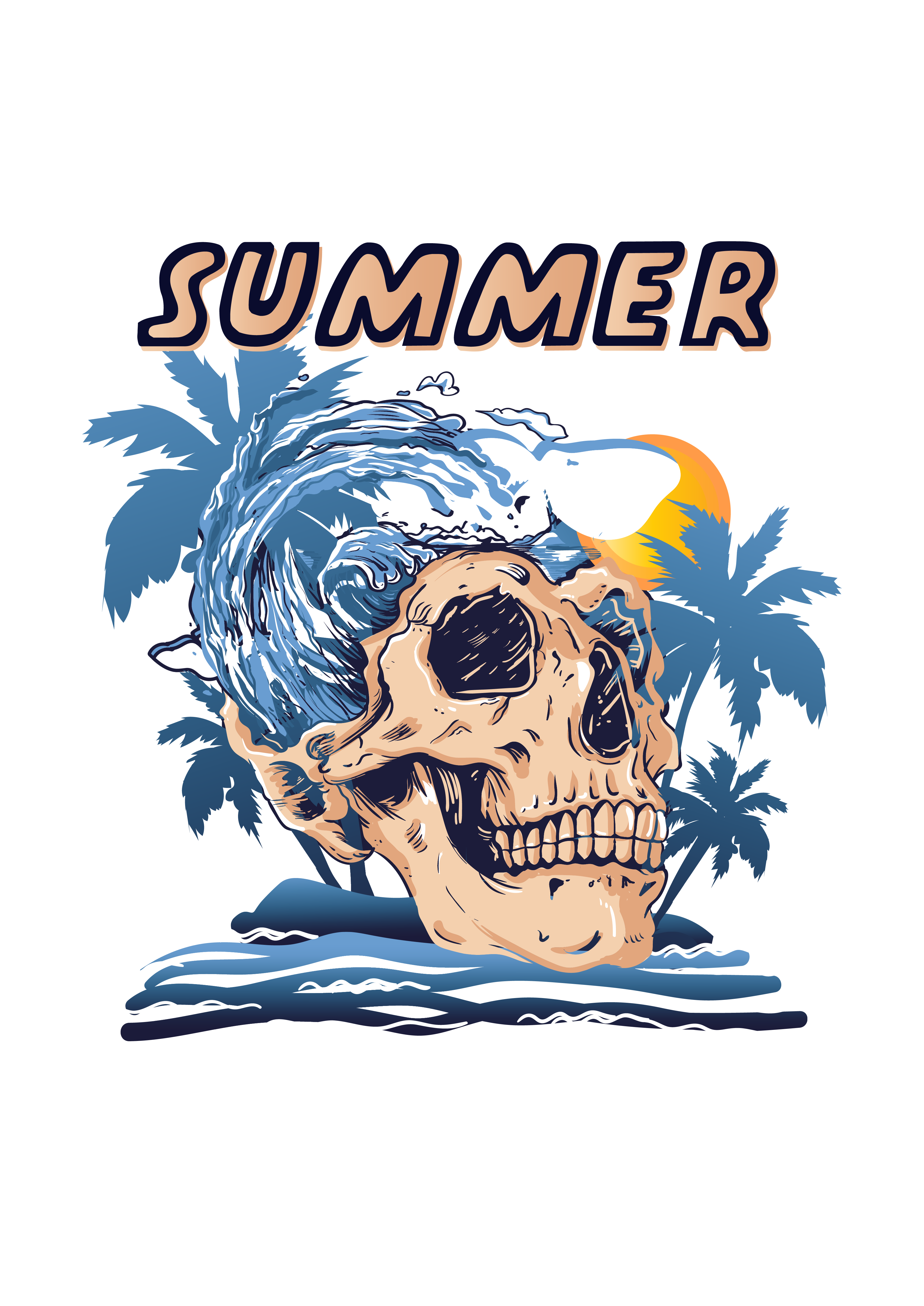 TROPICAL SUMMER SURFER DESIGN WITH SKULL IN PNG