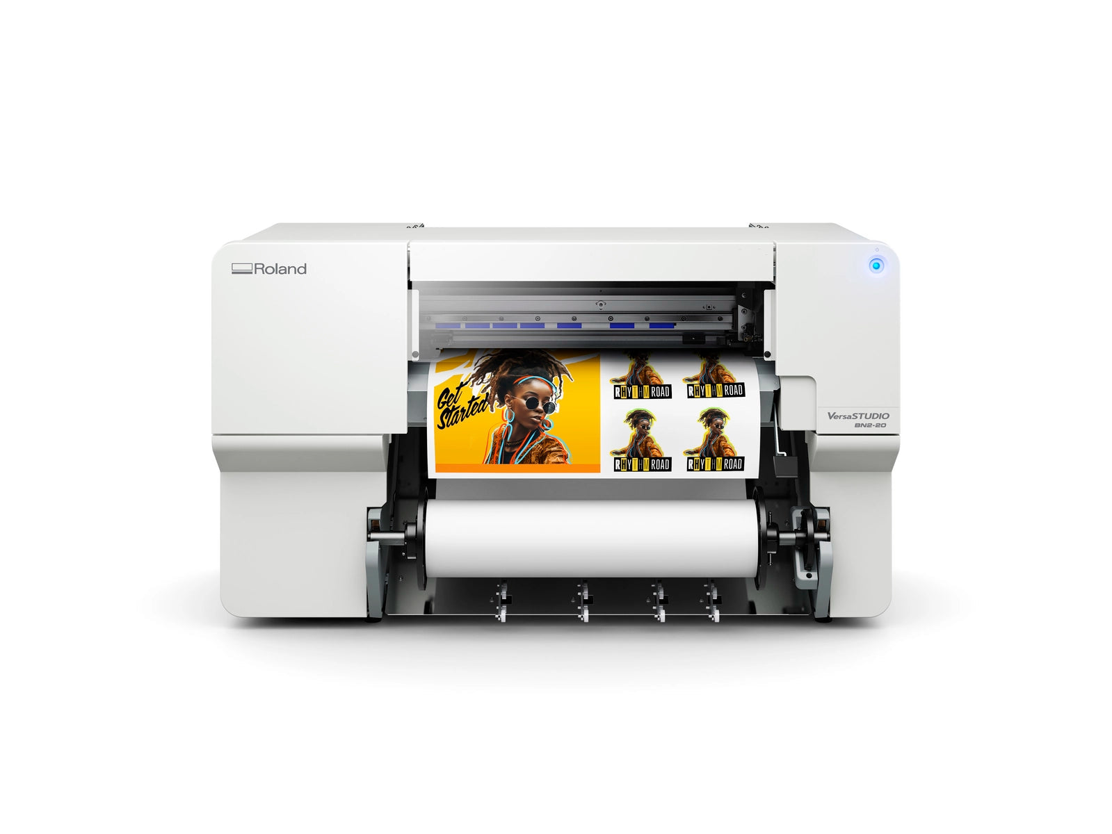 Front view of Roland BN2-20 Eco-Solvent Printer with Rhythm Road Poster