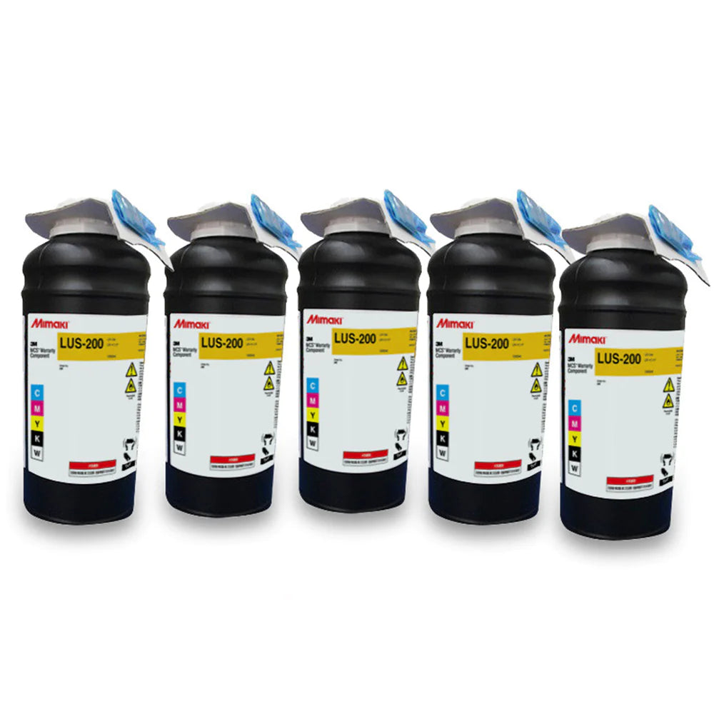 A collection of 1000ml bottles of LUS-200 Mimaki UV ink