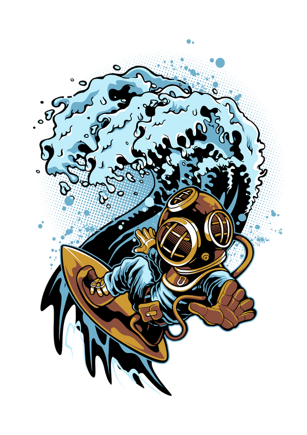 NAUTICAL DEEP SEA DIVER SURFING A WAVE PNG GRAPHIC DESIGN