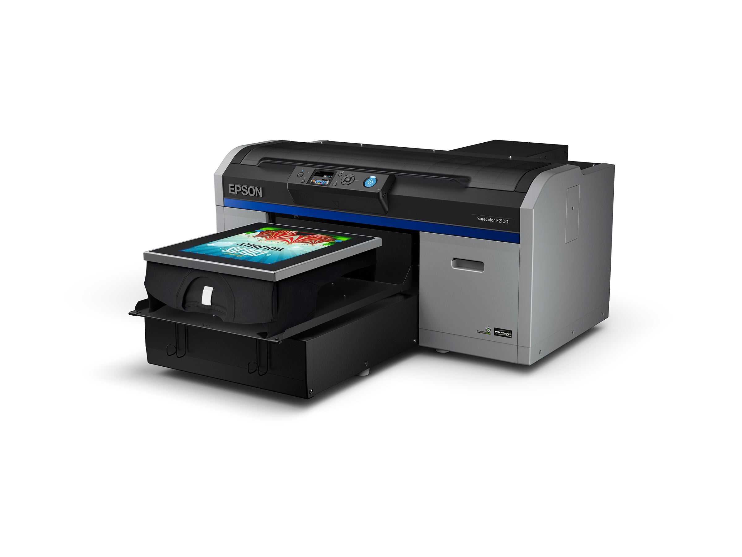 epson f2100 printer with black t shirt on platen angled