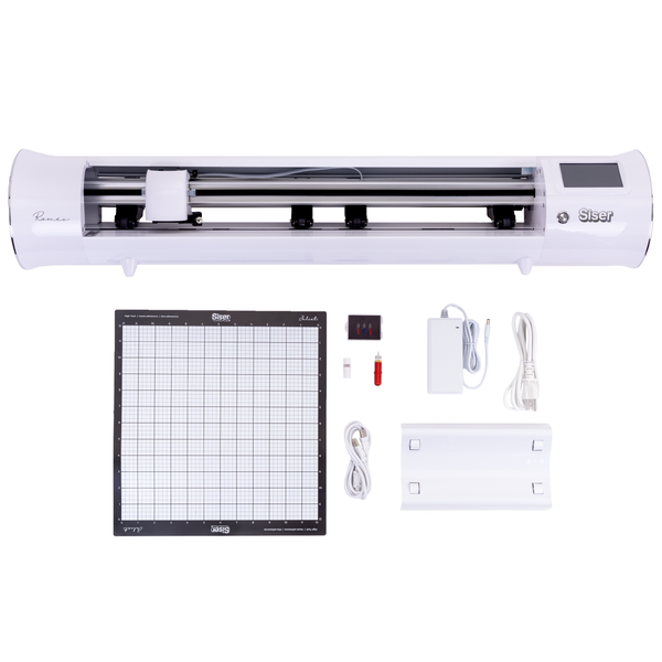 Siser Romeo® Cutter with Accessories - A comprehensive view of the Siser Romeo® large-format cutter, showcasing its included accessories and capabilities for precision cutting and crafting