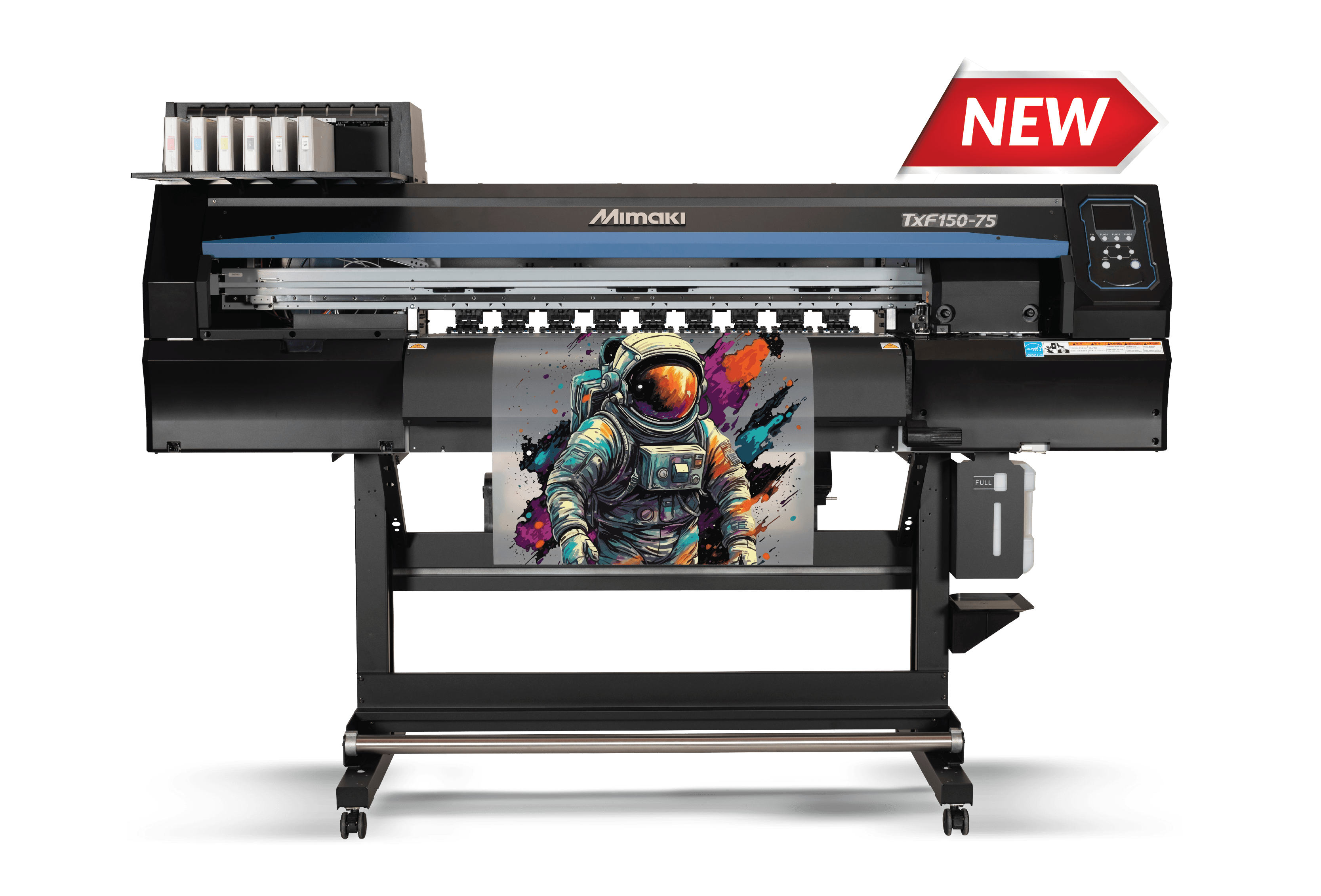 Mimaki TxF150-75 DTF Printer application. Astronaut Design on Film with Ink Splatters for High-Quality Textile Printing