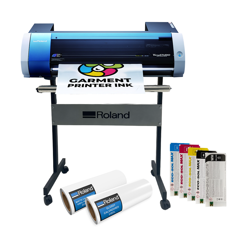roland bn 20 with printer stand, 2 rolls of media, and 5 inks cyan white black magenta yellow 