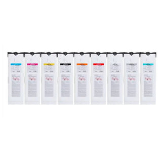 Photo of Roland's Eco-UV EUV5 Ink 750ml Pouch Collection, featuring various colors of high-quality UV ink pouches
