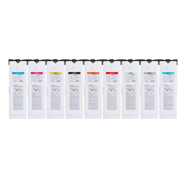 Photo of Roland's Eco-UV EUV5 Ink 750ml Pouch Collection, featuring various colors of high-quality UV ink pouches
